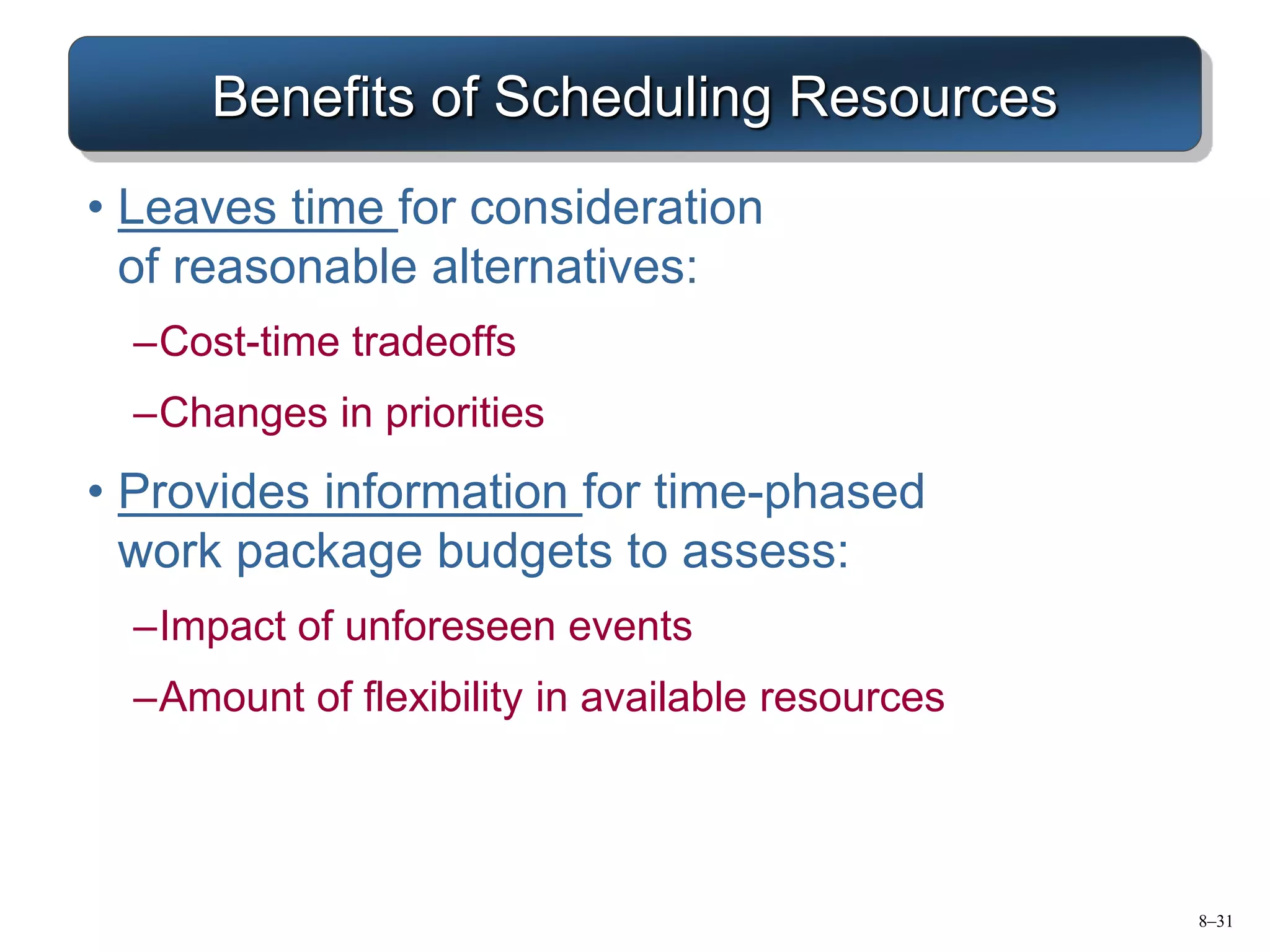 8–31
Benefits of Scheduling Resources
• Leaves time for consideration
of reasonable alternatives:
–Cost-time tradeoffs
–Changes in priorities
• Provides information for time-phased
work package budgets to assess:
–Impact of unforeseen events
–Amount of flexibility in available resources
 