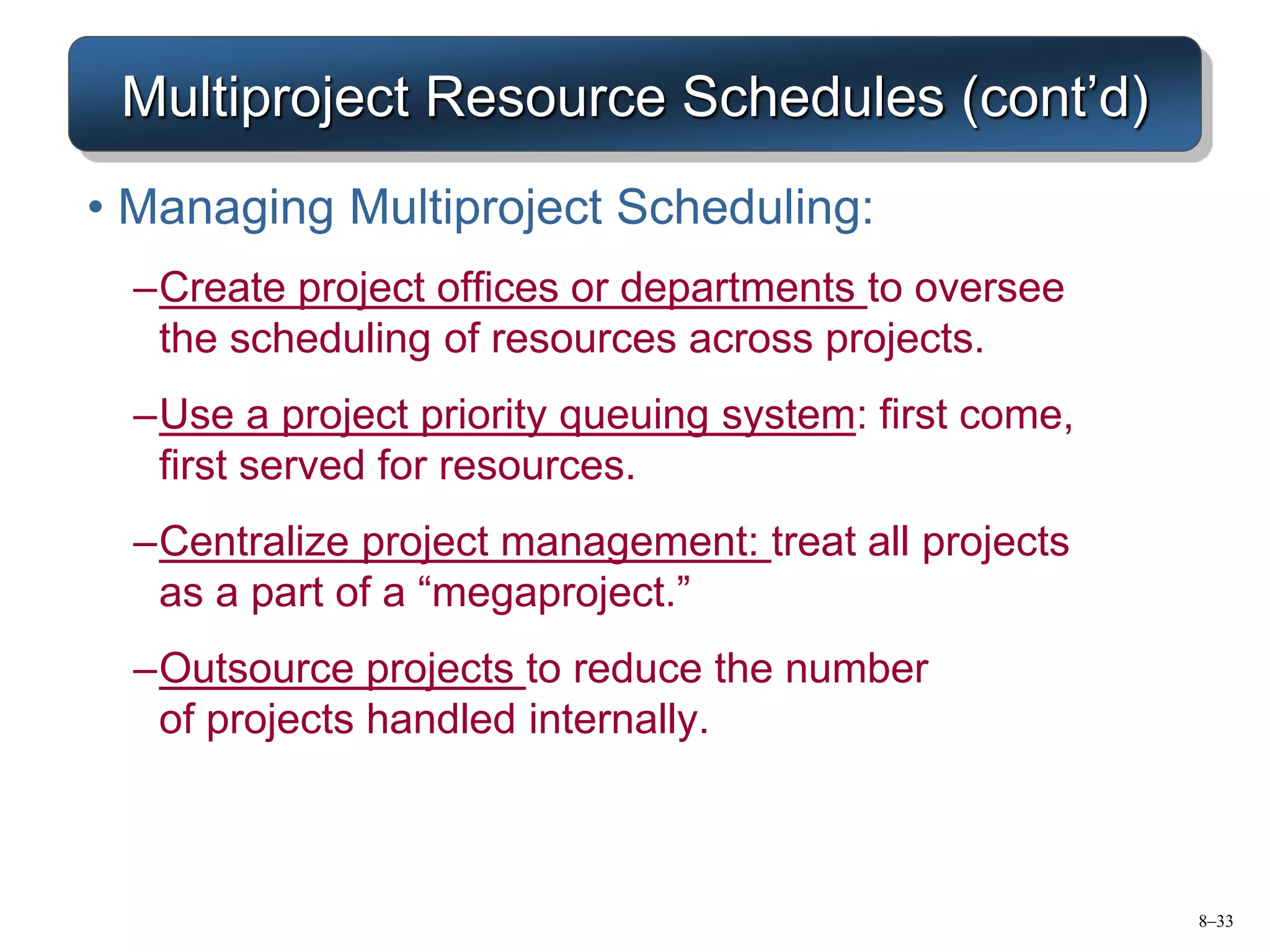 8–33
Multiproject Resource Schedules (cont’d)
• Managing Multiproject Scheduling:
–Create project offices or departments to oversee
the scheduling of resources across projects.
–Use a project priority queuing system: first come,
first served for resources.
–Centralize project management: treat all projects
as a part of a “megaproject.”
–Outsource projects to reduce the number
of projects handled internally.
 