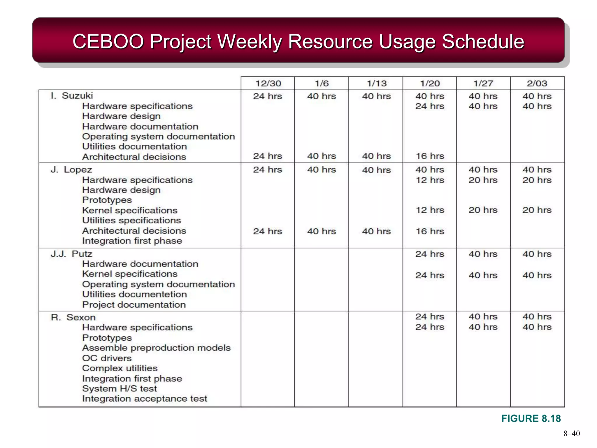 8–40
CEBOO Project Weekly Resource Usage Schedule
FIGURE 8.18
 