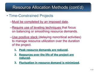 8–10
Resource Allocation Methods (cont’d)
• Time-Constrained Projects
–Must be completed by an imposed date.
–Require use of leveling techniques that focus
on balancing or smoothing resource demands.
–Use positive slack (delaying noncritical activities)
to manage resource utilization over the duration
of the project.
1. Peak resource demands are reduced.
2. Resources over the life of the project are
reduced.
3. Fluctuation in resource demand is minimized.
 