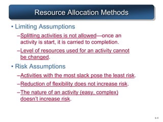 8–9
Resource Allocation Methods
• Limiting Assumptions
–Splitting activities is not allowed—once an
activity is start, it is carried to completion.
–Level of resources used for an activity cannot
be changed.
• Risk Assumptions
–Activities with the most slack pose the least risk.
–Reduction of flexibility does not increase risk.
–The nature of an activity (easy, complex)
doesn’t increase risk.
 