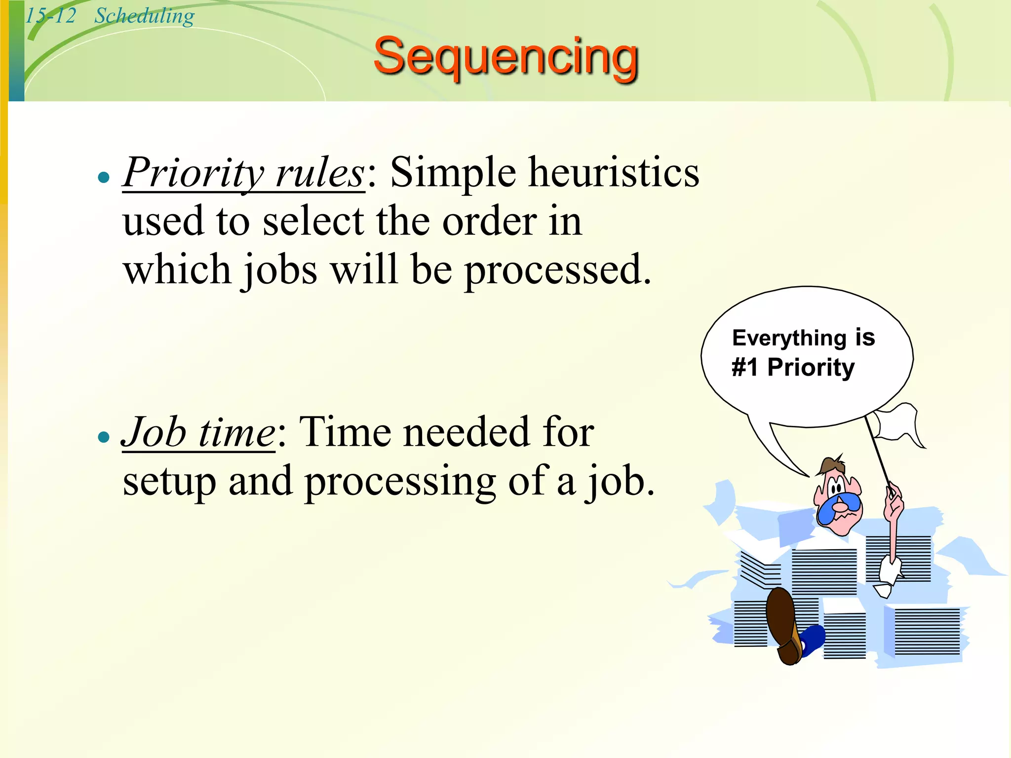 15-12 Scheduling
Sequencing
 Priority rules: Simple heuristics
used to select the order in
which jobs will be processed.
 Job time: Time needed for
setup and processing of a job.
Everything is
#1 Priority
 