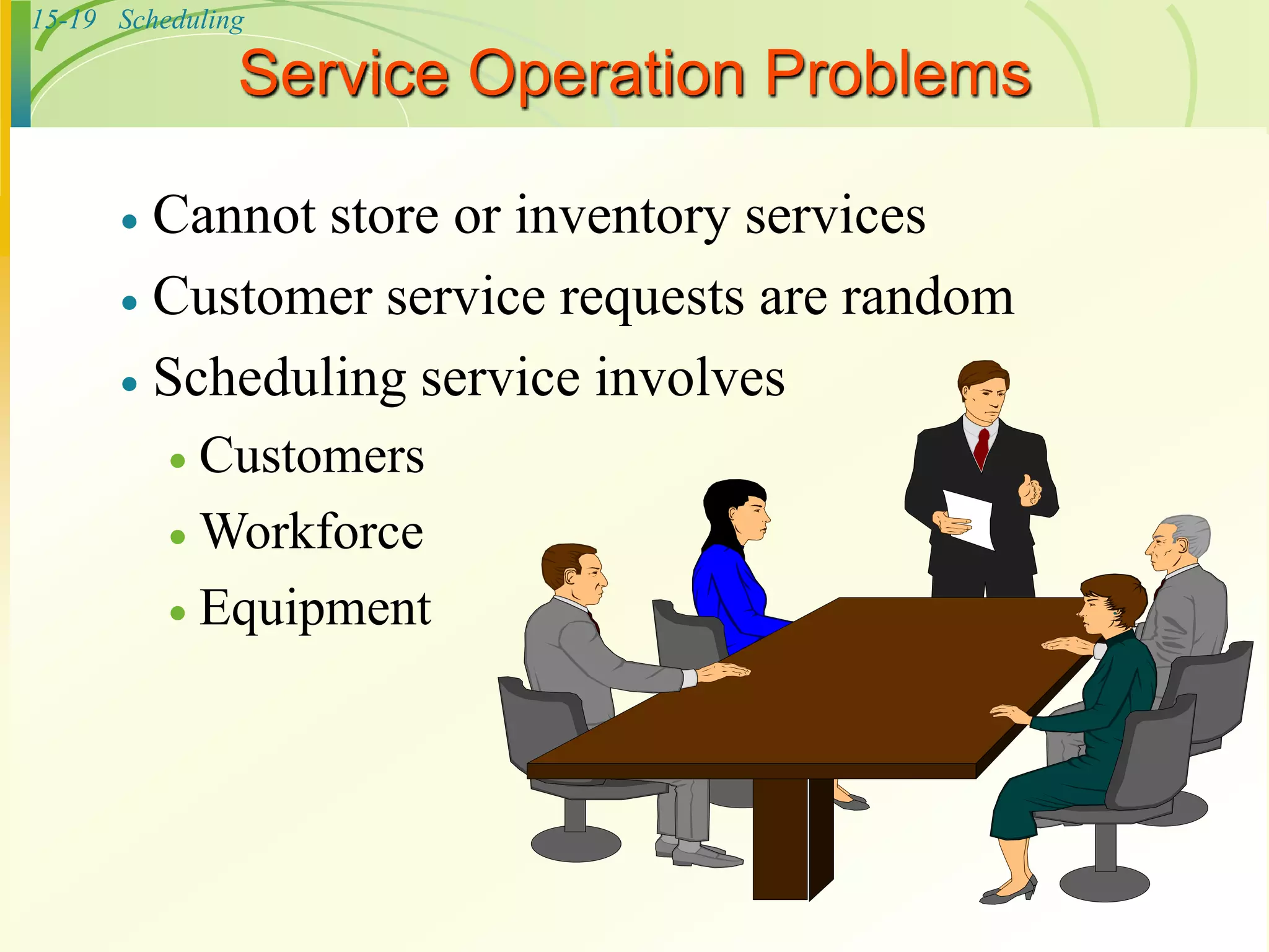 15-19 Scheduling
Service Operation Problems
 Cannot store or inventory services
 Customer service requests are random
 Scheduling service involves
 Customers
 Workforce
 Equipment
 
