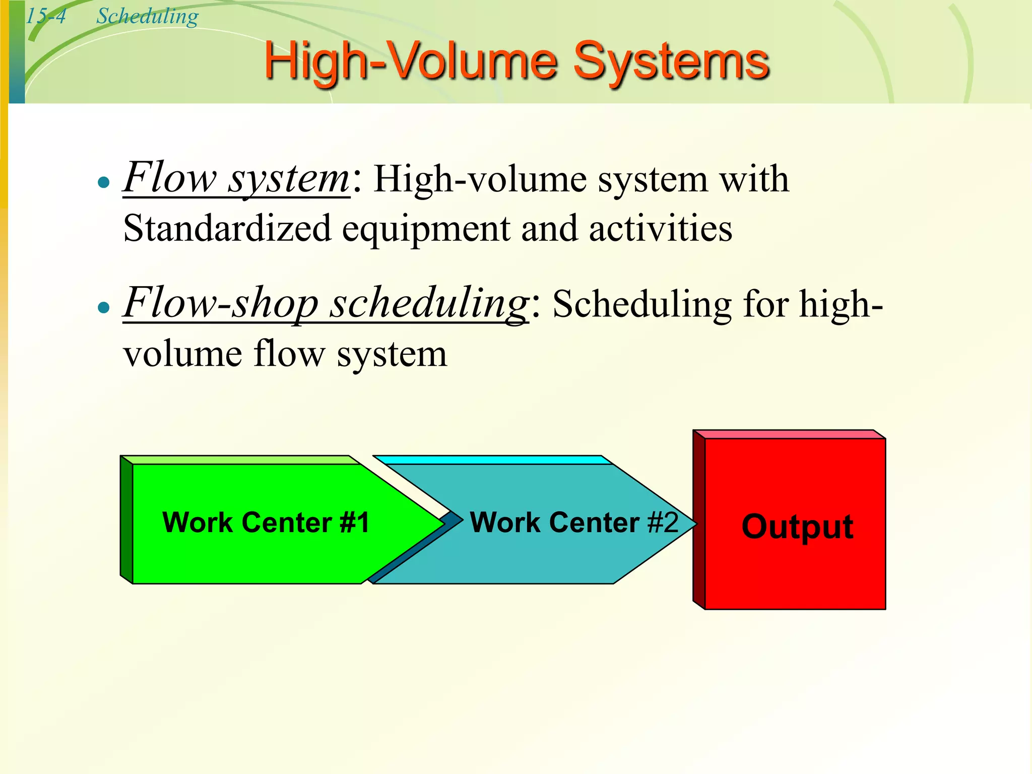15-4 Scheduling
High-Volume Systems
 Flow system: High-volume system with
Standardized equipment and activities
 Flow-shop scheduling: Scheduling for high-
volume flow system
Work Center #1 Work Center #2 Output
 
