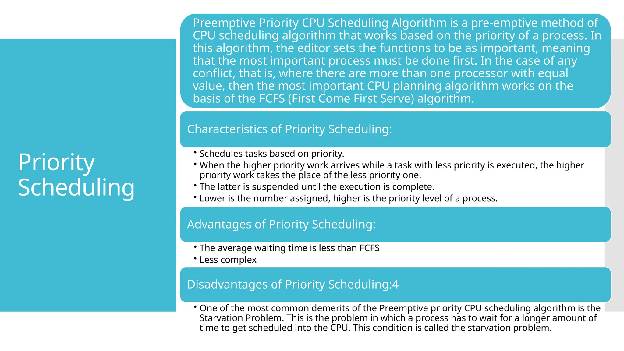 Priority
Scheduling
Preemptive Priority CPU Scheduling Algorithm is a pre-emptive method of
CPU scheduling algorithm that works based on the priority of a process. In
this algorithm, the editor sets the functions to be as important, meaning
that the most important process must be done first. In the case of any
conflict, that is, where there are more than one processor with equal
value, then the most important CPU planning algorithm works on the
basis of the FCFS (First Come First Serve) algorithm.
Characteristics of Priority Scheduling:
• Schedules tasks based on priority.
• When the higher priority work arrives while a task with less priority is executed, the higher
priority work takes the place of the less priority one.
• The latter is suspended until the execution is complete.
• Lower is the number assigned, higher is the priority level of a process.
Advantages of Priority Scheduling:
• The average waiting time is less than FCFS
• Less complex
Disadvantages of Priority Scheduling:4
• One of the most common demerits of the Preemptive priority CPU scheduling algorithm is the
Starvation Problem. This is the problem in which a process has to wait for a longer amount of
time to get scheduled into the CPU. This condition is called the starvation problem.
 