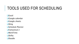 TOOLS USED FOR SCHEDULING
Excel
Google calendar
Google sheets
Sling
Schedule Planner
Fantastical 2
WorkTime
Shifty
Doodle
 