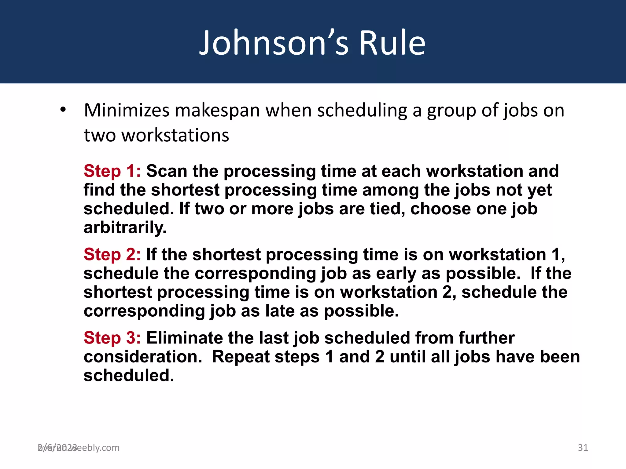 bvarun.weebly.com
Johnson’s Rule
• Minimizes makespan when scheduling a group of jobs on
two workstations
Step 1: Scan the processing time at each workstation and
find the shortest processing time among the jobs not yet
scheduled. If two or more jobs are tied, choose one job
arbitrarily.
Step 2: If the shortest processing time is on workstation 1,
schedule the corresponding job as early as possible. If the
shortest processing time is on workstation 2, schedule the
corresponding job as late as possible.
Step 3: Eliminate the last job scheduled from further
consideration. Repeat steps 1 and 2 until all jobs have been
scheduled.
2/6/2023 31
 