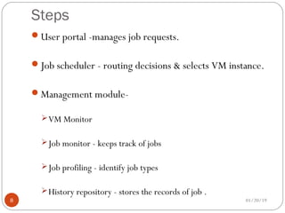 Steps
User portal -manages job requests.
Job scheduler - routing decisions & selects VM instance.
Management module-
VM Monitor
Job monitor - keeps track of jobs
Job profiling - identify job types
History repository - stores the records of job .
01/20/198
 