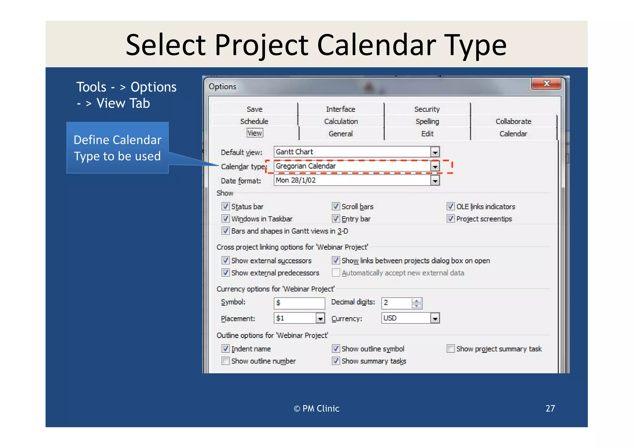Select Project Calendar Type
Tools - > Options
- > View Tab

Define Calendar
Type to be used




                    © PM Clinic        27
 