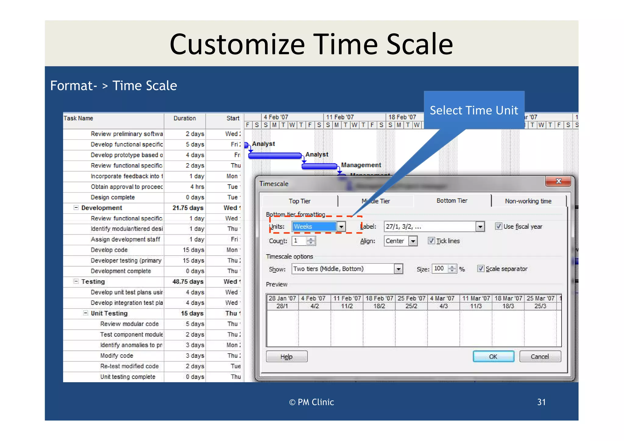 Customize Time Scale
Format- > Time Scale
                                        Select Time Unit




                          © PM Clinic                      31
 