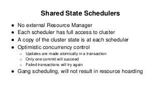 ● No external Resource Manager
● Each scheduler has full access to cluster
● A copy of the cluster state is at each schedu...