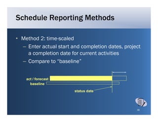 Schedule Reporting Methods

• Method 2: time scaled
            time-scaled
  – Enter actual start and completion dates, project
    a completion date for current activities
  – Compare to “baseline”


    act / forecast
      baseline

                        status date




                                                  38
 