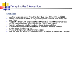 Designing the Intervention Seven Steps Analyze employee survey “intent to stay” data from 2006, 2007 and 2008 Map out decreases in intent to stay with employee turnover from 2006, 2007 and 2008 “ Vegas Meetings” with employees to get the details behind the intent to stay scores (Vegas Meetings means what is said there, stays there) Identify and correct misalignments in roles and responsbilities Review demographics of current team to determine potential turnover (retirements, life changes, etc.) Design and implement a talent review process Use the Nine Box Model to determine current A Players, B Players and C Players 