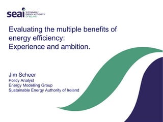 Evaluating the multiple benefits of
energy efficiency:
Experience and ambition.


Jim Scheer
Policy Analyst
Energy Modelling Group
Sustainable Energy Authority of Ireland
 