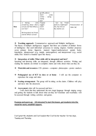 giraffe, zebra )
Swim - jump-
slither - swing -
stomp
ball
New
 Asking and
answering about what
can you do? And What y
can´tdo ?
Writing about my friend
and me WhatI can do?
Trapeze
Juggler
Catch
Circus
Can my friend
walk on a tightrope?
Yes, he/ shecan
No, he/she can
.
Pronunciation of
letter /ɵ/
 Teaching approach: Communicative approach and Multiple intelligence.
The theory of multiple intelligences suggests that there are a number of distinct forms
of intelligence that each individual possesses in varying degrees. Gardner proposes
seven primary forms: linguistic, musical, logical-mathematical, spatial, body-
kinesthetic, intrapersonal (e.g., insight, metacognition) and interpersonal (e.g., social
skills).This School is founded upon this theory.
 Integration of skills: What skills will be integrated and how?
Speaking and listening skills are integrated, through different activities. Writing and
reading the students are invited to complete charts and write about what can they do.
 Materials and resources: CD - pictures - computer- photocopies - poster -markers
-
 Pedagogical use of ICT in class or at home: I will use the computer to
reproduce the songs and video
 Seating arrangement: The group will be sitting on the chairs. Children will play
and move into the classroom.
 Assessment: what will be assessed and how :
I will check that they understand the new target language through singing songs
and getting the students to talk about what can they do? Grammar and vocabulary will
be assessed through writing activities and games.
Purpose and warm up: (15 minutes) To start the lesson, get students into the
mood for work, establish rapport.
I will great the students and I will explain that I will be her teacher for two days,
Tuesday and Thursday.
 