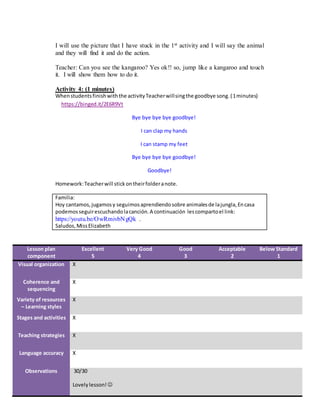 I will use the picture that I have stuck in the 1st activity and I will say the animal
and they will find it and do the action.
Teacher: Can you see the kangaroo? Yes ok!! so, jump like a kangaroo and touch
it. I will show them how to do it.
Activity 4: (1 minutes)
Whenstudentsfinishwiththe activityTeacherwillsingthe goodbye song.(1minutes)
https://binged.it/2E6R9Vt
Bye bye bye bye goodbye!
I can clap my hands
I can stamp my feet
Bye bye bye bye goodbye!
Goodbye!
Homework:Teacherwill stickontheirfolderanote.
Familia:
Hoy cantamos,jugamosy seguimosaprendiendosobre animalesde lajungla,Encasa
podemosseguirescuchandolacanción.A continuación lescompartoel link:
https://youtu.be/OwRmivbNgQk .
Saludos,MissElizabeth
Lesson plan
component
Excellent
5
Very Good
4
Good
3
Acceptable
2
Below Standard
1
Visual organization X
Coherence and
sequencing
X
Variety of resources
– Learning styles
X
Stages and activities X
Teaching strategies X
Language accuracy X
Observations 30/30
Lovelylesson! 
 