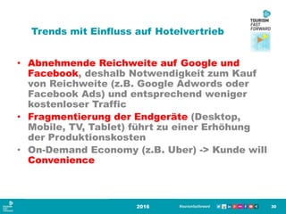 Trends mit Einfluss auf Hotelvertrieb
• Abnehmende Reichweite auf Google und
Facebook, deshalb Notwendigkeit zum Kauf
von Reichweite (z.B. Google Adwords oder
Facebook Ads) und entsprechend weniger
kostenloser Traffic
• Fragmentierung der Endgeräte (Desktop,
Mobile, TV, Tablet) führt zu einer Erhöhung
der Produktionskosten
• On-Demand Economy (z.B. Uber) -> Kunde will
Convenience
2016 30
 
