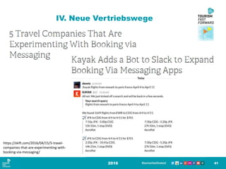 IV. Neue Vertriebswege
2016 41
https://skift.com/2016/04/15/5-travel-
companies-that-are-experimenting-with-
booking-via-messaging/
 