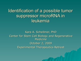 Identification of a possible tumor suppressor microRNA in leukemia Kara A. Scheibner, PhD Center for Stem Cell Biology and Regenerative Medicine October 2, 2009 Experimental Therapeutics Retreat 