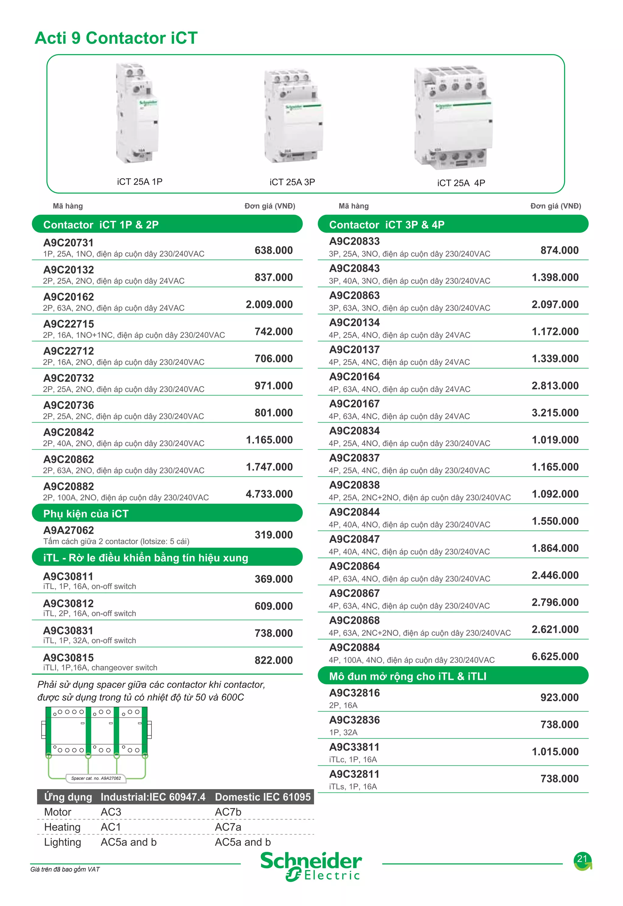 Acti 9 Contactor iCT

iCT 25A 1P

iCT 25A 3P

Mã hàng

Đơn giá (VNĐ)

Contactor iCT 1P & 2P
A9C20731

3P, 25A, 3NO, điện áp cuộn dây 230/240VAC

837.000

3P, 40A, 3NO, điện áp cuộn dây 230/240VAC

2.009.000

3P, 63A, 3NO, điện áp cuộn dây 230/240VAC

A9C20132
A9C20162
2P, 63A, 2NO, điện áp cuộn dây 24VAC

A9C22715

4P, 25A, 4NC, điện áp cuộn dây 24VAC
4P, 63A, 4NO, điện áp cuộn dây 24VAC

801.000

A9C20736
2P, 25A, 2NC, điện áp cuộn dây 230/240VAC

A9C20882

A9C20134
4P, 25A, 4NO, điện áp cuộn dây 24VAC

971.000

A9C20732
2P, 25A, 2NO, điện áp cuộn dây 230/240VAC

2P, 100A, 2NO, điện áp cuộn dây 230/240VAC

A9C20863

706.000

A9C22712
2P, 16A, 2NO, điện áp cuộn dây 230/240VAC

A9C20862

A9C20843

742.000

2P, 16A, 1NO+1NC, điện áp cuộn dây 230/240VAC

2P, 63A, 2NO, điện áp cuộn dây 230/240VAC

A9C20833

638.000

2P, 25A, 2NO, điện áp cuộn dây 24VAC

A9C20842

Mã hàng

4P, 63A, 4NC, điện áp cuộn dây 24VAC

A9C20137
A9C20164
A9C20167
A9C20834

1.165.000

4P, 25A, 4NO, điện áp cuộn dây 230/240VAC

1.747.000

4P, 25A, 4NC, điện áp cuộn dây 230/240VAC

4.733.000

4P, 25A, 2NC+2NO, điện áp cuộn dây 230/240VAC

A9C20837
A9C20838
A9C20844

Phụ kiện của iCT
A9A27062

319.000

Tấm cách giữa 2 contactor (lotsize: 5 cái)

4P, 40A, 4NO, điện áp cuộn dây 230/240VAC

A9C20847
4P, 40A, 4NC, điện áp cuộn dây 230/240VAC

iTL - Rờ le điều khiển bằng tín hiệu xung

A9C20864

A9C30811

369.000

4P, 63A, 4NO, điện áp cuộn dây 230/240VAC

A9C30812

609.000

4P, 63A, 4NC, điện áp cuộn dây 230/240VAC

A9C30831

738.000

4P, 63A, 2NC+2NO, điện áp cuộn dây 230/240VAC

A9C30815

822.000

4P, 100A, 4NO, điện áp cuộn dây 230/240VAC

iTL, 1P, 16A, on-off switch
iTL, 2P, 16A, on-off switch
iTL, 1P, 32A, on-off switch
iTLI, 1P,16A, changeover switch

A9C20867
A9C20868
A9C20884

Phải sử dụng spacer giữa các contactor khi contactor,
được sử dụng trong tủ có nhiệt độ từ 50 và 600C

A9C32816
2P, 16A
1P, 32A

A9C33811
iTLc, 1P, 16A

A9C32811

Spacer cat. no. A9A27062

iTLs, 1P, 16A

Industrial:IEC 60947.4
AC3
AC1
AC5a and b

874.000
1.398.000
2.097.000
1.172.000
1.339.000
2.813.000
3.215.000
1.019.000
1.165.000
1.092.000
1.550.000
1.864.000
2.446.000
2.796.000
2.621.000
6.625.000

Mô đun mở rộng cho iTL & iTLI

A9C32836

Ứng dụng
Motor
Heating
Lighting

Đơn giá (VNĐ)

Contactor iCT 3P & 4P

1P, 25A, 1NO, điện áp cuộn dây 230/240VAC

2P, 40A, 2NO, điện áp cuộn dây 230/240VAC

iCT 25A 4P

923.000
738.000
1.015.000
738.000

Domestic IEC 61095
AC7b
AC7a
AC5a and b
21

Giá trên đã bao gồm VAT

 