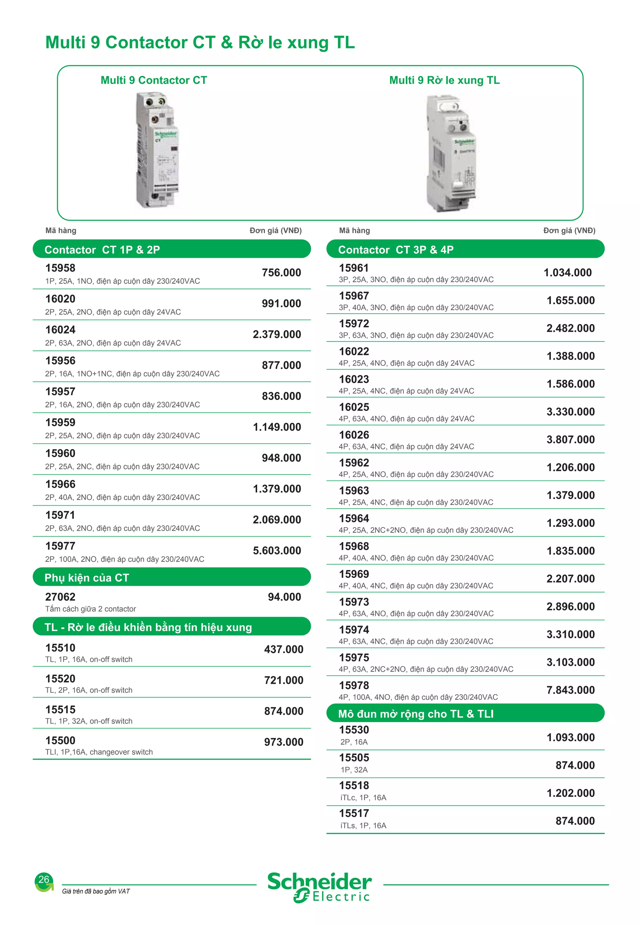 Multi 9 Contactor CT & Rờ le xung TL
Multi 9 Contactor CT

Mã hàng

Multi 9 Rờ le xung TL

Đơn giá (VNĐ)

Contactor CT 1P & 2P
15958
1P, 25A, 1NO, điện áp cuộn dây 230/240VAC

16020
2P, 25A, 2NO, điện áp cuộn dây 24VAC

16024
2P, 63A, 2NO, điện áp cuộn dây 24VAC

15956
2P, 16A, 1NO+1NC, điện áp cuộn dây 230/240VAC

15957
2P, 16A, 2NO, điện áp cuộn dây 230/240VAC

15959
2P, 25A, 2NO, điện áp cuộn dây 230/240VAC

15960
2P, 25A, 2NC, điện áp cuộn dây 230/240VAC

15966
2P, 40A, 2NO, điện áp cuộn dây 230/240VAC

15971
2P, 63A, 2NO, điện áp cuộn dây 230/240VAC

15977
2P, 100A, 2NO, điện áp cuộn dây 230/240VAC

756.000
991.000
2.379.000

15520
TL, 2P, 16A, on-off switch

15515
TL, 1P, 32A, on-off switch

15500
TLI, 1P,16A, changeover switch

3P, 25A, 3NO, điện áp cuộn dây 230/240VAC

15967
3P, 40A, 3NO, điện áp cuộn dây 230/240VAC

15972
3P, 63A, 3NO, điện áp cuộn dây 230/240VAC

4P, 25A, 4NO, điện áp cuộn dây 24VAC

16023
836.000
1.149.000

4P, 25A, 4NC, điện áp cuộn dây 24VAC

16025
4P, 63A, 4NO, điện áp cuộn dây 24VAC

16026
4P, 63A, 4NC, điện áp cuộn dây 24VAC

948.000

15962
4P, 25A, 4NO, điện áp cuộn dây 230/240VAC

1.379.000

15963
4P, 25A, 4NC, điện áp cuộn dây 230/240VAC

2.069.000

15964
4P, 25A, 2NC+2NO, điện áp cuộn dây 230/240VAC

5.603.000

15968
4P, 40A, 4NO, điện áp cuộn dây 230/240VAC

15969
4P, 40A, 4NC, điện áp cuộn dây 230/240VAC

94.000

15973
4P, 63A, 4NO, điện áp cuộn dây 230/240VAC

TL - Rờ le điều khiền bằng tín hiệu xung
TL, 1P, 16A, on-off switch

15961

16022
877.000

Tấm cách giữa 2 contactor

15510

15974
437.000

4P, 63A, 4NC, điện áp cuộn dây 230/240VAC

15975
4P, 63A, 2NC+2NO, điện áp cuộn dây 230/240VAC

721.000

15978
4P, 100A, 4NO, điện áp cuộn dây 230/240VAC

874.000
973.000

Mô đun mở rộng cho TL & TLI
15530
2P, 16A

15505
1P, 32A

15518
iTLc, 1P, 16A

15517
iTLs, 1P, 16A

26
Giá trên đã bao gồm VAT

Đơn giá (VNĐ)

Contactor CT 3P & 4P

Phụ kiện của CT
27062

Mã hàng

1.034.000
1.655.000
2.482.000
1.388.000
1.586.000
3.330.000
3.807.000
1.206.000
1.379.000
1.293.000
1.835.000
2.207.000
2.896.000
3.310.000
3.103.000
7.843.000

1.093.000
874.000
1.202.000
874.000

 