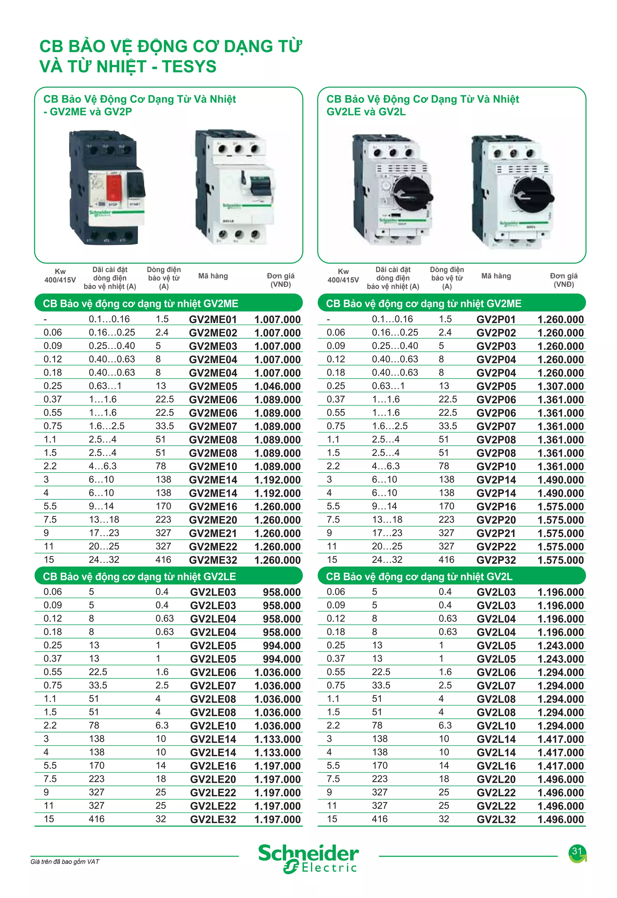 CB BẢO VỆ ĐỘNG CƠ DẠNG TỪ
VÀ TỪ NHIỆT - TESYS
CB Bảo Vệ Động Cơ Dạng Từ Và Nhiệt
- GV2ME và GV2P

Kw
400/415V

Dãi cài đặt
dòng điện
bảo vệ nhiệt (A)

Dòng điện
bảo vệ từ
(A)

Mã hàng

CB Bảo Vệ Động Cơ Dạng Từ Và Nhiệt
GV2LE và GV2L

Đơn giá
(VNĐ)

CB Bảo vệ động cơ dạng từ nhiệt GV2ME
0.06
0.09
0.12
0.18
0.25
0.37
0.55
0.75
1.1
1.5
2.2
3
4
5.5
7.5
9
11
15

0.1…0.16
0.16…0.25
0.25…0.40
0.40…0.63
0.40…0.63
0.63…1
1…1.6
1…1.6
1.6…2.5
2.5…4
2.5…4
4…6.3
6…10
6…10
9…14
13…18
17…23
20…25
24…32

1.5
2.4
5
8
8
13
22.5
22.5
33.5
51
51
78
138
138
170
223
327
327
416

GV2ME01
GV2ME02
GV2ME03
GV2ME04
GV2ME04
GV2ME05
GV2ME06
GV2ME06
GV2ME07
GV2ME08
GV2ME08
GV2ME10
GV2ME14
GV2ME14
GV2ME16
GV2ME20
GV2ME21
GV2ME22
GV2ME32

CB Bảo vệ động cơ dạng từ nhiệt GV2LE
5
0.4
0.06
GV2LE03
5
0.4
0.09
GV2LE03
8
0.63
0.12
GV2LE04
8
0.63
0.18
GV2LE04
13
1
0.25
GV2LE05
13
1
0.37
GV2LE05
22.5
1.6
0.55
GV2LE06
33.5
2.5
0.75
GV2LE07
51
4
1.1
GV2LE08
51
4
1.5
GV2LE08
78
6.3
2.2
GV2LE10
138
10
3
GV2LE14
138
10
4
GV2LE14
170
14
5.5
GV2LE16
223
18
7.5
GV2LE20
327
25
9
GV2LE22
327
25
11
GV2LE22
416
32
15
GV2LE32

Kw
400/415V

Dãi cài đặt
dòng điện
bảo vệ nhiệt (A)

Dòng điện
bảo vệ từ
(A)

Mã hàng

Đơn giá
(VNĐ)

CB Bảo vệ động cơ dạng từ nhiệt GV2ME
1.007.000
1.007.000
1.007.000
1.007.000
1.007.000
1.046.000
1.089.000
1.089.000
1.089.000
1.089.000
1.089.000
1.089.000
1.192.000
1.192.000
1.260.000
1.260.000
1.260.000
1.260.000
1.260.000

0.06
0.09
0.12
0.18
0.25
0.37
0.55
0.75
1.1
1.5
2.2
3
4
5.5
7.5
9
11
15

GV2P01
GV2P02
GV2P03
GV2P04
GV2P04
GV2P05
GV2P06
GV2P06
GV2P07
GV2P08
GV2P08
GV2P10
GV2P14
GV2P14
GV2P16
GV2P20
GV2P21
GV2P22
GV2P32

1.260.000
1.260.000
1.260.000
1.260.000
1.260.000
1.307.000
1.361.000
1.361.000
1.361.000
1.361.000
1.361.000
1.361.000
1.490.000
1.490.000
1.575.000
1.575.000
1.575.000
1.575.000
1.575.000

958.000
958.000
958.000
958.000
994.000
994.000
1.036.000
1.036.000
1.036.000
1.036.000
1.036.000
1.133.000
1.133.000
1.197.000
1.197.000
1.197.000
1.197.000
1.197.000

CB Bảo vệ động cơ dạng từ nhiệt GV2L
5
0.4
0.06
GV2L03
5
0.4
0.09
GV2L03
8
0.63
0.12
GV2L04
8
0.63
0.18
GV2L04
13
1
0.25
GV2L05
13
1
0.37
GV2L05
22.5
1.6
0.55
GV2L06
33.5
2.5
0.75
GV2L07
51
4
1.1
GV2L08
51
4
1.5
GV2L08
78
6.3
2.2
GV2L10
138
10
3
GV2L14
138
10
4
GV2L14
170
14
5.5
GV2L16
223
18
7.5
GV2L20
327
25
9
GV2L22
327
25
11
GV2L22
416
32
15
GV2L32

1.196.000
1.196.000
1.196.000
1.196.000
1.243.000
1.243.000
1.294.000
1.294.000
1.294.000
1.294.000
1.294.000
1.417.000
1.417.000
1.417.000
1.496.000
1.496.000
1.496.000
1.496.000

0.1…0.16
0.16…0.25
0.25…0.40
0.40…0.63
0.40…0.63
0.63…1
1…1.6
1…1.6
1.6…2.5
2.5…4
2.5…4
4…6.3
6…10
6…10
9…14
13…18
17…23
20…25
24…32

1.5
2.4
5
8
8
13
22.5
22.5
33.5
51
51
78
138
138
170
223
327
327
416

31
Giá trên đã bao gồm VAT

 