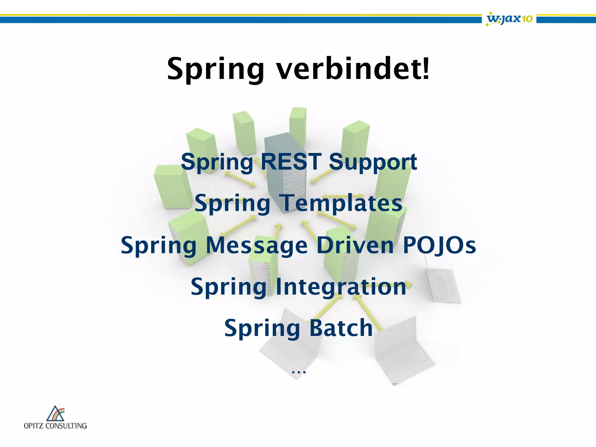 Spring verbindet!
Spring REST Support
Spring Templates
Spring Message Driven POJOs
Spring Integration
Spring Batch
...
 