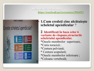 Realizarea sensului :
Prezentare sarcinii în Wordwall.
https://wordwall.net/ro/resource/9964953
 1.Cum credeți cine alcătuiește
scheletul apendicular ?
• 2. Identificați în baza celor 6
variante de răspuns,structurile
scheletului apendicular.
• *Oasele membrelor superioare,
• *Cutia toracică ;
• *Centura pelviană;
• * Centura scapulară;
• *Oasele membrelor inferioare ;
• *Coloana vertebrală;
 
