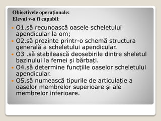  O1.să recunoască oasele scheletului
apendicular la om;
 O2.să prezinte printr-o schemă structura
generală a scheletului apendicular.
 O3 .să stabilească deosebirile dintre sheletul
bazinului la femei și bărbați.
 O4.să determine funcțiile oaselor scheletului
apendicular.
 O5.să numească tipurile de articulație a
oaselor membrelor superioare și ale
membrelor inferioare.
Obiectivele operaționale:
Elevul v-a fi capabil:
 