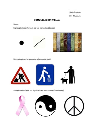 María Schelotto
1°C – Magisterio
COMUNICACIÓN VISUAL
Signos:
Signos plásticos (formado por los elementos básicos):
Signos icónicos (se asemejan a lo representado):
Símbolos simbólicos (su significado es una convención universal):
 
