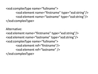 <xsd:complexType name=“fullname">
<xsd:element name=“firstname" type=“xsd:string"/>
<xsd:element name=“lastname" type=“xsd:string"/>
</xsd:complexType>
Alternative:
<xsd:element name=“firstname" type=“xsd:string"/>
<xsd:element name=“lastname" type=“xsd:string"/>
<xsd:complexType name=“fullname">
<xsd:element ref=“firstname"/>
<xsd:element ref=“lastname" />
</xsd:complexType>
 