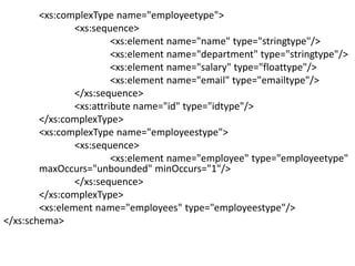 <xs:complexType name="employeetype">
<xs:sequence>
<xs:element name="name" type="stringtype"/>
<xs:element name="department" type="stringtype"/>
<xs:element name="salary" type="floattype"/>
<xs:element name="email" type="emailtype"/>
</xs:sequence>
<xs:attribute name="id" type="idtype"/>
</xs:complexType>
<xs:complexType name="employeestype">
<xs:sequence>
<xs:element name="employee" type="employeetype"
maxOccurs="unbounded" minOccurs="1"/>
</xs:sequence>
</xs:complexType>
<xs:element name="employees" type="employeestype"/>
</xs:schema>
 