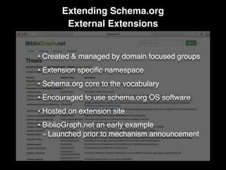 Extending Schema.org
External Extensions
• Created & managed by domain focused groups
• Extension speciﬁc namespace
• Schema.org core to the vocabulary
• Encouraged to use schema.org OS software
• Hosted on extension site
• BiblioGraph.net an early example
- Launched prior to mechanism announcement
 