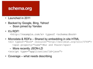 • Launched in 2011
• Backed by Google, Bing, Yahoo!
- Soon joined by Yandex
• It’s RDF!
<http://example.com/x> typeof <schema:Book>
• Microdata & RDFa – Shared by embedding in site HTML
<div typeof="Book" resource="http://worldcat.org/oclc/5769">
<span property="name">War and Peace</span>
- More recently JSON-LD
<script type="application/ld+json">
• Coverage – what needs describing
 