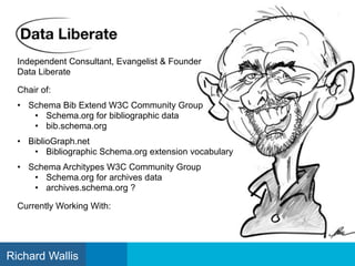 Independent Consultant, Evangelist & Founder
Data Liberate
Currently Working With:
Chair of:
• Schema Bib Extend W3C Community Group
• Schema.org for bibliographic data
• bib.schema.org
• BiblioGraph.net
• Bibliographic Schema.org extension vocabulary
• Schema Architypes W3C Community Group
• Schema.org for archives data
• archives.schema.org ?
Richard Wallis
 