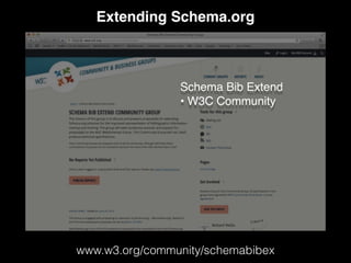 Extending Schema.org
www.w3.org/community/schemabibex
Schema Bib Extend
• W3C Community
 