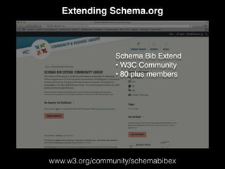 Extending Schema.org
www.w3.org/community/schemabibex
Schema Bib Extend
• W3C Community
• 80 plus members
 