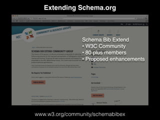 Extending Schema.org
www.w3.org/community/schemabibex
Schema Bib Extend
• W3C Community
• 80 plus members
• Proposed enhancements
 