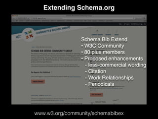 Extending Schema.org
www.w3.org/community/schemabibex
Schema Bib Extend
• W3C Community
• 80 plus members
• Proposed enhancements
- less-commercial wording
- Citation
- Work Relationships
- Periodicals
 