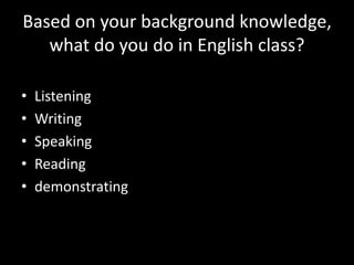 Based on your background knowledge,
what do you do in English class?
• Listening
• Writing
• Speaking
• Reading
• demonstrating
 