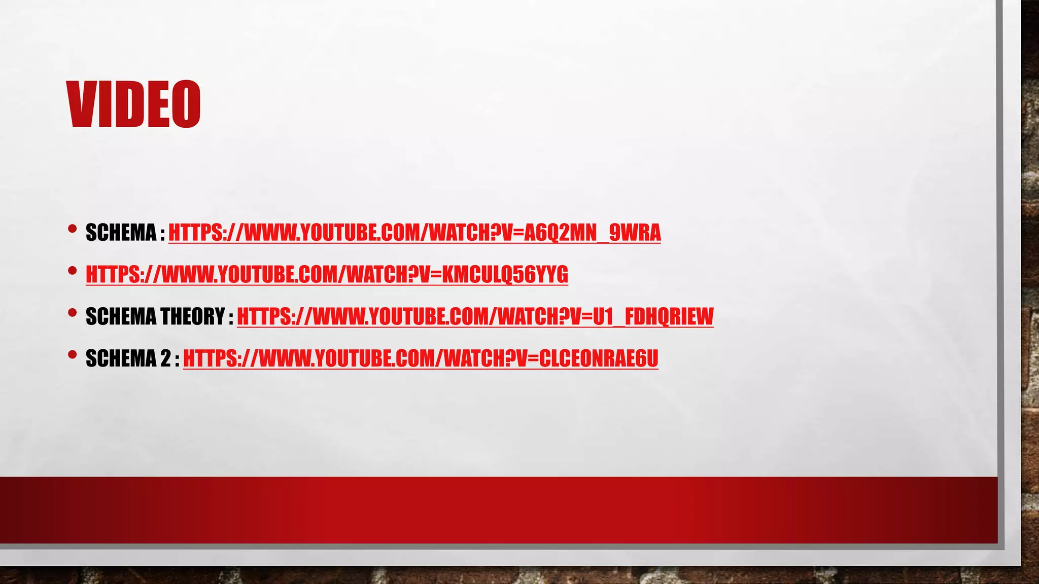VIDEO
• SCHEMA : HTTPS://WWW.YOUTUBE.COM/WATCH?V=A6Q2MN_9WRA
• HTTPS://WWW.YOUTUBE.COM/WATCH?V=KMCULQ56YYG
• SCHEMA THEORY : HTTPS://WWW.YOUTUBE.COM/WATCH?V=U1_FDHQRIEW
• SCHEMA 2 : HTTPS://WWW.YOUTUBE.COM/WATCH?V=CLCEONRAE6U
 