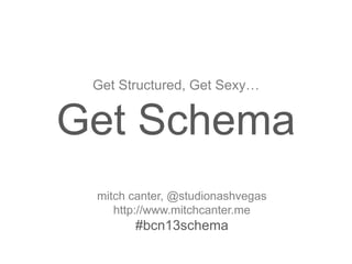 Get Structured, Get Sexy…

Get Schema
mitch canter, @studionashvegas
http://www.mitchcanter.me

#bcn13schema

 