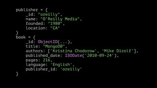 publisher = {
_id: "oreilly",
name: "O'Reilly Media",
founded: "1980",
location: "CA"
}
book = {
_id: ObjectID(...),
title: "MongoDB",
authors: ['Kristina Chodorow', 'Mike Dirolf'],
published_date: ISODate('2010-09-24'),
pages: 216,
language: 'English',
publisher_id: 'oreilly'
}

 