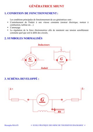 Mustapha MAATI # ECOLE PRATIQUE DES MINE DE TOUISSIT/OUJDA/MAROC #
GÉNÉRATRICE SHUNT
1. CONDITION DE FONCTIONNEMENT :
Les conditions principales de fonctionnement de ces génératrices sont :
• L'entraînement de l'induit à une vitesse constante (moteur électrique, moteur à
combustion, turbine etc…)
• L'amorçage
• La régulation de la force électromotrice afin de maintenir une tension sensiblement
constante quel que soit le débit des circuits.
2. SYMBOLES NORMALISÉS
GG
Inducteurs
Induit
3. SCHÉMA DEVELOPPÉ :
Rh
G
L-L+
 