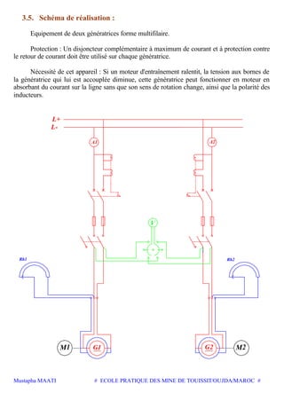 Mustapha MAATI # ECOLE PRATIQUE DES MINE DE TOUISSIT/OUJDA/MAROC #
3.5. Schéma de réalisation :
Equipement de deux génératrices forme multifilaire.
Protection : Un disjoncteur complémentaire à maximum de courant et à protection contre
le retour de courant doit être utilisé sur chaque génératrice.
Nécessité de cet appareil : Si un moteur d'entraînement ralentit, la tension aux bornes de
la génératrice qui lui est accouplée diminue, cette génératrice peut fonctionner en moteur en
absorbant du courant sur la ligne sans que son sens de rotation change, ainsi que la polarité des
inducteurs.
G1 G2 M2
L+
L-
V
Rh1 Rh2
M1
A1 A2
 