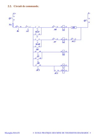 Mustapha MAATI # ECOLE PRATIQUE DES MINE DE TOUISSIT/OUJDA/MAROC #
2.2. Circuit de commande.
68
2
RE A2
23
AV
2
68 AC
1
4
AV
22
AR
22 22
A2
A2
A2
13
14
95 96 1 3
13 14
3
13 14
4
67
67 68
21 A1
A1
21 A1
21
24
A1 A2
1413 A1
67
L+ L-
Q1
Rt AT MAV
MAR
AR
AV
AR
Fu
AV
AR
AC1
Q2
AC2
RE
AC
AC1
 
