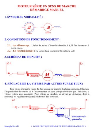 Mustapha MAATI # ECOLE PRATIQUE DES MINE DE TOUISSIT/OUJDA/MAROC #
MOTEUR SÉRIE UN SENS DE MARCHE
DÉMARRGE MANUEL
1. SYMBOLES NORMALISÉ :
M
Forme 1 Forme 2
M
2. CONDITIONS DE FONCTIONNEMENT :
2.1. Au démarrage : Limiter la pointe d’intensité absorbée à 1,75 fois le courant à
pleine charge.
2.2. En fonctionnement : Ne jamais faire fonctionner le moteur à vide.
3. SCHÉMAS DE PRINCIPE :
MI
L
Rh.DM
4. RÉGLAGE DE LA VITESSE PAR ACTION SUR LE FLUX :
Pour ne pas changer la valeur du flux lorsque par exemple la charge augmente. Il faut que
l’augmentation du courant dû à l’accroissement de cette charge ne traverse pas l’inducteur, la
vitesse restera alors constante. Pour obtenir ce résultat, un circuit en dérivation dont la
résistance est réglable est raccordé aux bornes de l’inducteur.
L
I M
protection
Résistance de
L-L+
Rh.DM
Rh.Ex
 