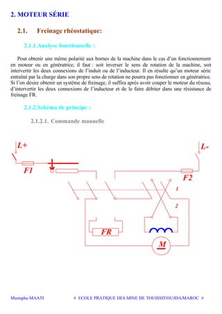 Mustapha MAATI # ECOLE PRATIQUE DES MINE DE TOUISSIT/OUJDA/MAROC #
2. MOTEUR SÉRIE
2.1. Freinage rhéostatique:
2.1.1.Analyse fonctionnelle :
Pour obtenir une même polarité aux bornes de la machine dans le cas d’un fonctionnement
en moteur ou en génératrice, il faut : soit inverser le sens de rotation de la machine, soit
intervertir les deux connexions de l’induit ou de l’inducteur. Il en résulte qu’un moteur série
entraîné par la charge dans son propre sens de rotation ne pourra pas fonctionner en génératrice.
Si l’on désire obtenir un système de freinage, il suffira après avoir couper le moteur du réseau,
d’intervertir les deux connexions de l’inducteur et de le faire débiter dans une résistance de
freinage FR.
2.1.2.Schéma de principe :
2.1.2.1. Commande manuelle
F2
M
2
1
FR
L+ L-
F1
 