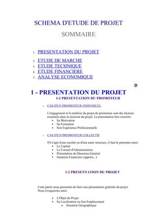 SCHEMA D'ETUDE DE PROJET
SOMMAIRE
1. PRESENTATION DU PROJET
2. ETUDE DE MARCHE
3. ETUDE TECHNIQUE
4. ETUDE FINANCIERE
5. ANALYSE ECONOMIQUE
1 - PRESENTATION DU PROJET
1-1 PRESENTATION DU PROMOTEUR
o CAS D'UN PROMOTEUR INDIVIDUEL
L'engagement et la maîtrise du projet du promoteur sont des facteurs
essentiels dans la réuissite du projet. La présentation fera ressortir:
 Sa Motivation
 Sa Formation
 Son Expérience Professionnelle
o CAS D'UN PROMOTEUR COLLECTIF
S'il s'agit d'une société ou d'une autre structure, il faut le présenter ainsi:
 Le Capital
 Le Conseil d'Administration
 Présentation du Directeur Général
 Situation Financière (apports...)
1-2 PRESENTATION DU PROJET
Cette partie nous permettra de faire une présentation générale du projet.
Nous évoquerons ainsi:
 L'Objet du Projet
 Sa Localisation ou Son Emplacement
• Situation Géographique
 