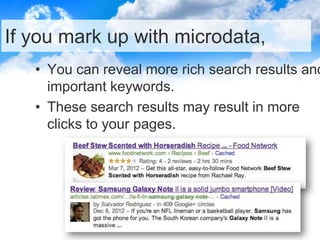 If you mark up with microdata,
• You can reveal more rich search results and
important keywords.
• These search results ma...